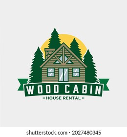 Wooden Cabin Logo Template on a pine tree background