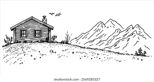 wooden cabin on hill with mountain view hand drawn doodle sketch