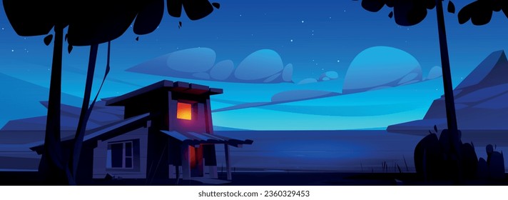 Wooden cabin on shore of lake or river with background of mountain hills at night. Cartoon evening landscape - wood house with light from windows, trees and sky with clouds. Peaceful skyline.