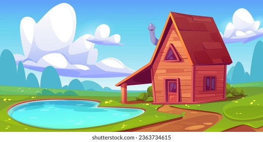Wooden cabin on shore of lake - path lead to small rural wood house or hut for summer vacation in meadow with green grass. Cartoon landscape with chalet or cottage near water pond and trees on horizon
