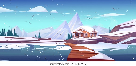 Wooden cabin on shore of lake or river with bridge in winter. Mountain snowy landscape with trees and pond, house and deck. Cartoon vector illustration of cozy timber cottage near hills under snow.