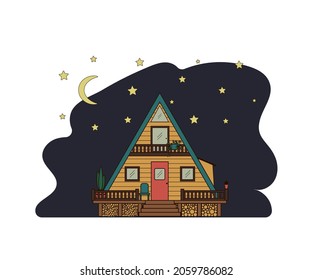 Wooden cabin on stilts against the background of the night sky and stars. Cozy hut with a veranda and a porch. svg