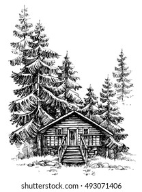 A wooden cabin in the pine forest. Idyllic winter landscape, holidays retreat