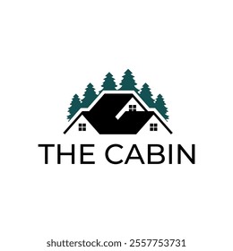 Wooden cabin and pine forest logo design isolated white background