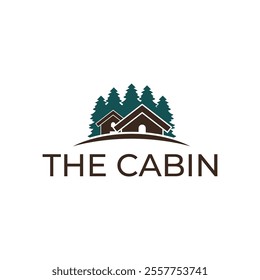 Wooden cabin and pine forest logo design isolated white background