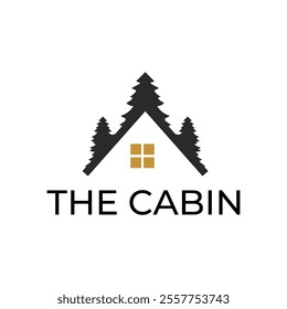 Wooden cabin and pine forest logo design isolated white background