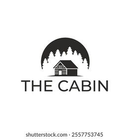 Wooden cabin and pine forest logo design isolated white background