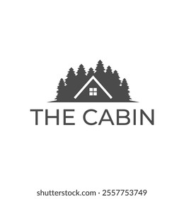 Wooden cabin and pine forest logo design isolated white background