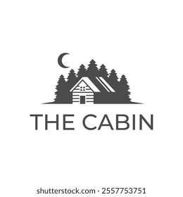 Wooden cabin and pine forest logo design isolated white background