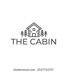 Wooden cabin and pine forest logo design isolated white background