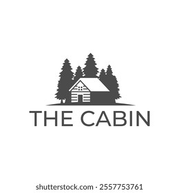 Wooden cabin and pine forest logo design isolated white background