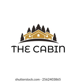 Wooden cabin and pine forest logo design isolated white background