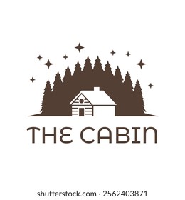 Wooden cabin and pine forest logo design isolated white background