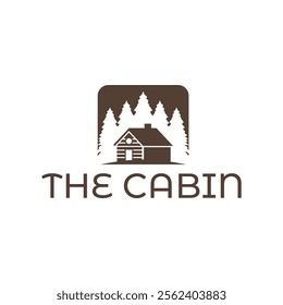 Wooden cabin and pine forest logo design isolated white background