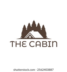 Wooden cabin and pine forest logo design isolated white background