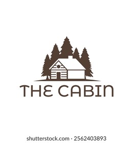 Wooden cabin and pine forest logo design isolated white background