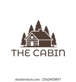 Wooden cabin and pine forest logo design isolated white background