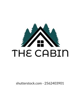 Wooden cabin and pine forest logo design isolated white background