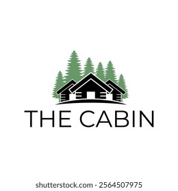 Wooden cabin and pine forest logo design isolated white background