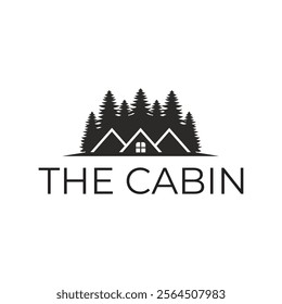 Wooden cabin and pine forest logo design isolated white background