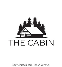 Wooden cabin and pine forest logo design isolated white background