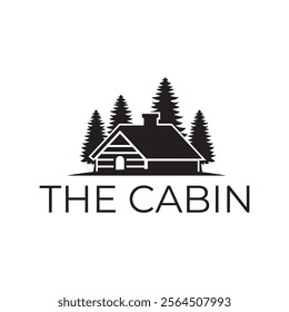 Wooden cabin and pine forest logo design isolated white background