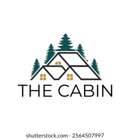 Wooden cabin and pine forest logo design isolated white background