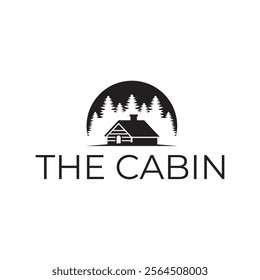 Wooden cabin and pine forest logo design isolated white background