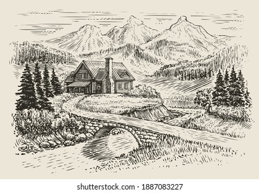 Wooden cabin in pine forest. Mountain landscape, rest at nature sketch