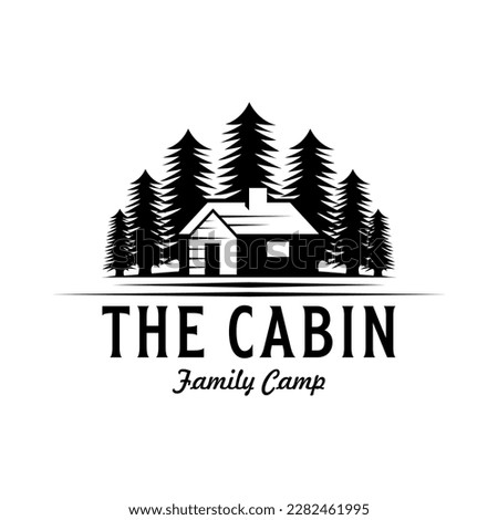 wooden cabin and pine forest on the retro vector black logo design isolated white background