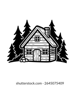 Wooden cabin in pine forest with rustic aesthetic, cozy rural retreat – Vector Illustration