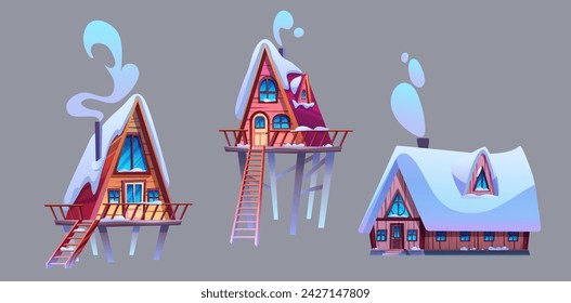 Wooden cabin with porch on pillars, roof covered with snow and chimney with smoke. Cartoon vector set of small triangular wood house for mountain or forest resort and camping. Cozy snowy chalet.