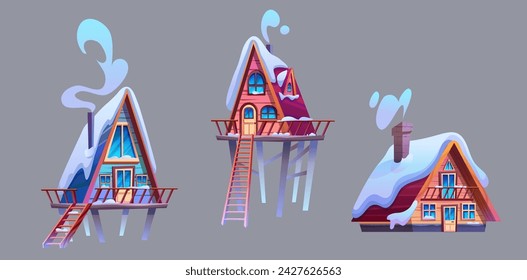 Wooden cabin with porch on pillars, roof covered with snow and chimney with smoke. Cartoon vector set of small triangular wood house for mountain or forest resort and camping. Cozy snowy chalet.