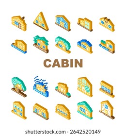 wooden cabin rustic cozy icons set vector. log, retreat, nature forest, escape, serene peaceful, traditional, handcrafted wooden cabin rustic cozy isometric sign illustrations