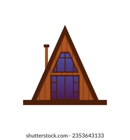 Wooden cabin in shape of triangle, flat vector illustration isolated on white background. A-frame building exterior. Log cottage with chimney.