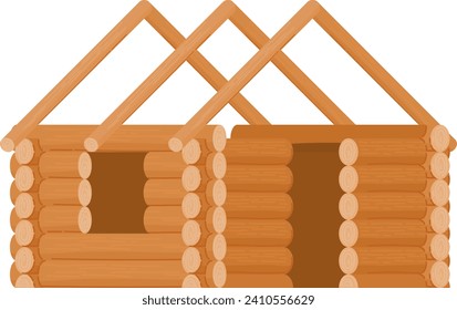 Holzhüttenstruktur mit gestapelten Stämmen und Dach aus Dreieck. Cartoon Stil Blockhaus Bau. Wohnungsbau und Architekturkonzept, Vektorgrafik