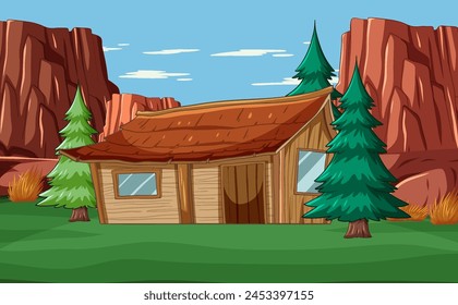 Wooden cabin surrounded by trees and cliffs