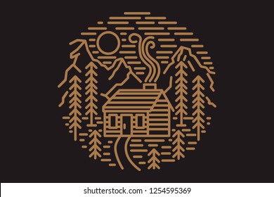 Wooden cabin in the woods, hills and mountains. Linear illustration