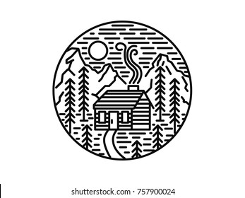 Wooden cabin in the woods, hills and mountains. Linear illustration