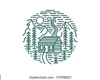 Wooden cabin in the woods, hills and mountains. Linear illustration