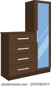 wooden cabinet with drawers and folders.A brown dresser with four drawers and a mirror on top. The dresser is made of wood and has a blue mirror.Modern Bedroom Armoire with Drawers vector illustration