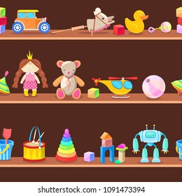 Wooden cabinet with kids toys on shelves. Seamless vector background. Playroom or store illustration.
