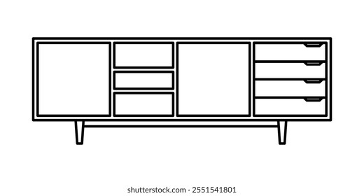 Wooden cabinet line icon with open drawers. Sideboard, low cabinet. Furniture wooden living decor line style frame concept. For room design interior home modern. Front view. Vector Illustration