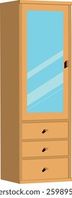A wooden cabinet with a mirror on the front. The cabinet has three drawers.Wooden book shelf with glass door vector illustration islated on white background