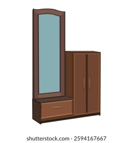 A wooden cabinet with a mirror on the side. The cabinet is brown and has a white background