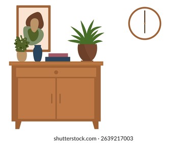 Wooden cabinet with potted plants, books, vase, and a framed abstract painting. Interior design element for home decor concept.