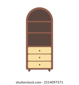 Wooden cabinet storage with drawers, flat vector illustration, household furniture clip art isolated on white background
