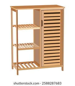 A wooden cabinet with three shelves and a door. The cabinet is brown and has a simple design. Vector illustration of a wooden shelves isolated on white