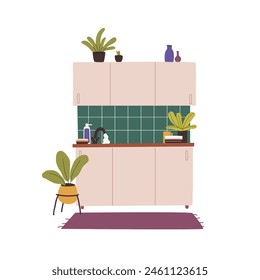 Wooden cabinets, cupboard in kitchen. Houseplants, dishware on table top. Cooking area in house. Modern design of home interior in minimal style. Flat isolated vector illustration on white background