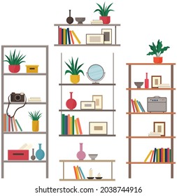 Wooden cabinets or racks with shelves isolated on white background. Books, potted grass, vase, mirror, camera and radio on shelves. Furniture, interior element, open cabinet. Furniture with decoration